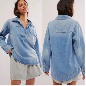 NWOT We The Free Leah Denim Pullover Jacket Blue Oversized